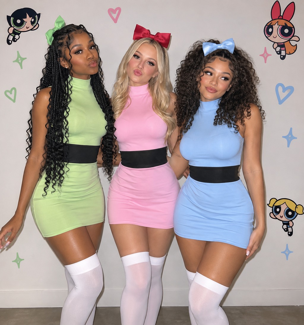 Anime Powerpuff Cosplay Girl Costume Dress Set Blossom Buttercup Bubbles Fancy Dress Halloween Party Women Fancy Dress