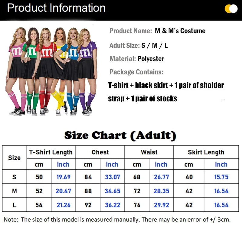Women's M&M's Costume Adult M Halloween Team Costumes Womens T-shirt Black Skirt Stocking Set For Funny Party