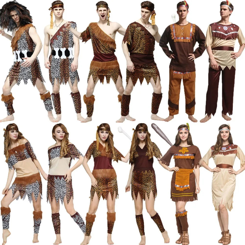 Adult Halloween Cosplay Costumes Indian Primitive Macho Caveman Costume for Men Women Purim Party Mardi Gras Fancy Dress