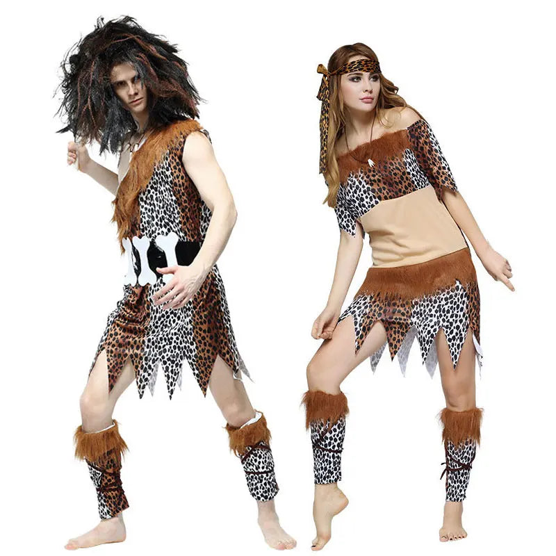 Adult Halloween Cosplay Costumes Indian Primitive Macho Caveman Costume for Men Women Purim Party Mardi Gras Fancy Dress