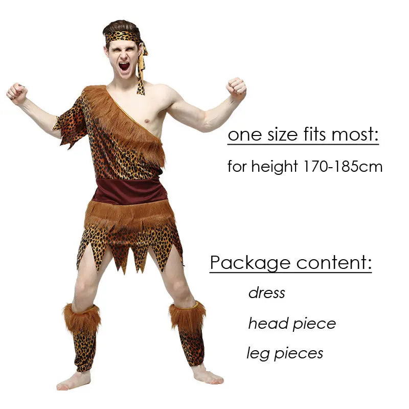 Adult Halloween Cosplay Costumes Indian Primitive Macho Caveman Costume for Men Women Purim Party Mardi Gras Fancy Dress