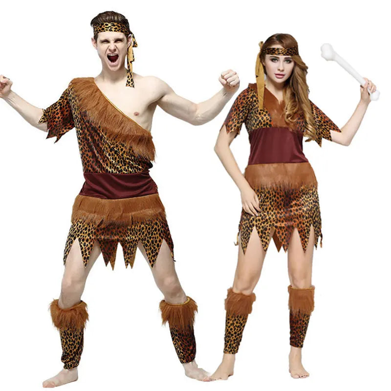 Adult Halloween Cosplay Costumes Indian Primitive Macho Caveman Costume for Men Women Purim Party Mardi Gras Fancy Dress