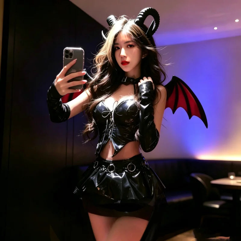 Women Sexy Lingerie Suit Halloween Stage Clothing Black Patent Leather Hollow Strap Little Devil Top Skirts Set Night Club Wear