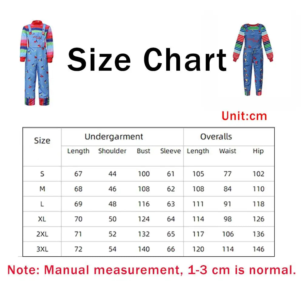 Horror Movie Doll Costume Adults Colorful Striped Top Overalls Dress Costume Retro Scary Toy Themed Outfit for Halloween Party
