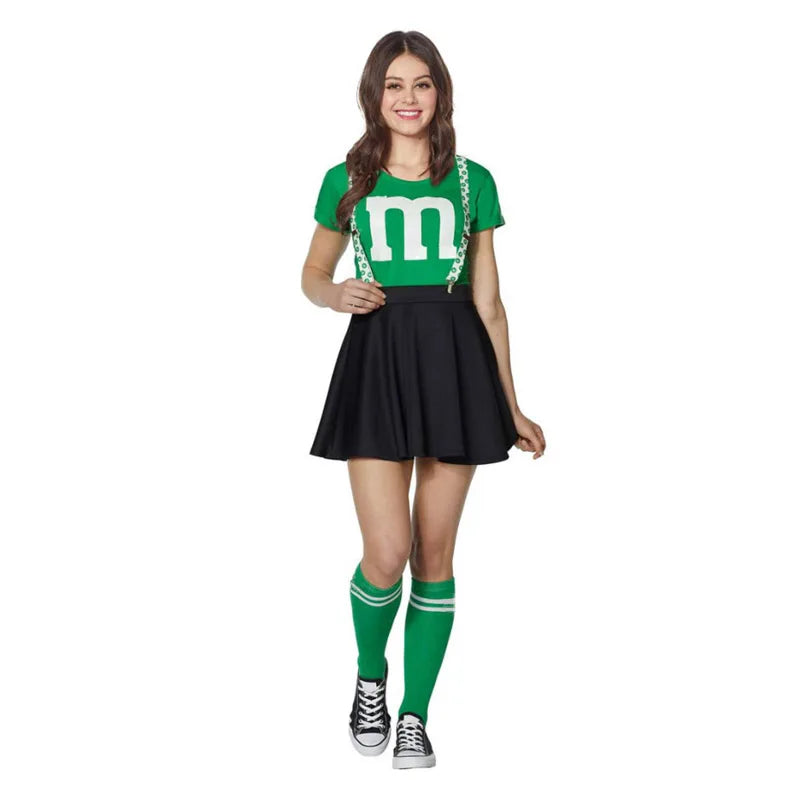 Women's M&M's Costume Adult M Halloween Team Costumes Womens T-shirt Black Skirt Stocking Set For Funny Party