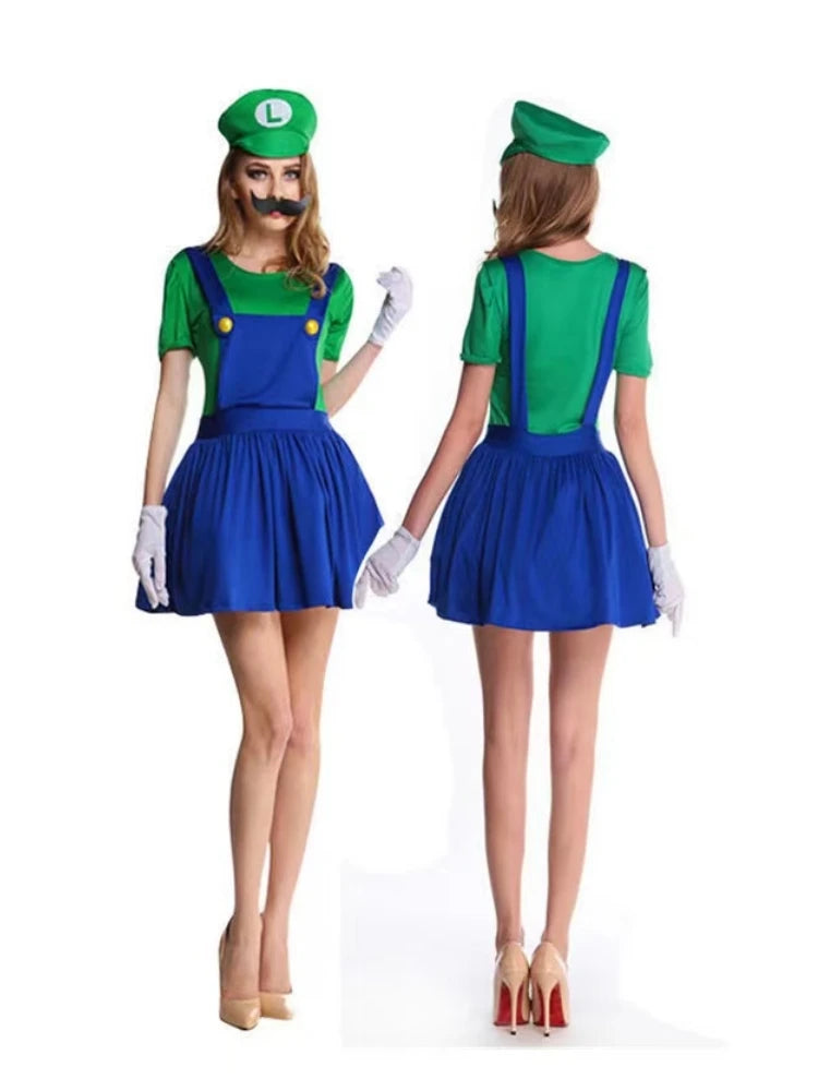Halloween Couples Cosplay Costume for Adults Super Luigi Bros Overall Set with Hat Game Character Jump Suit for Christmas Party Stage Pe