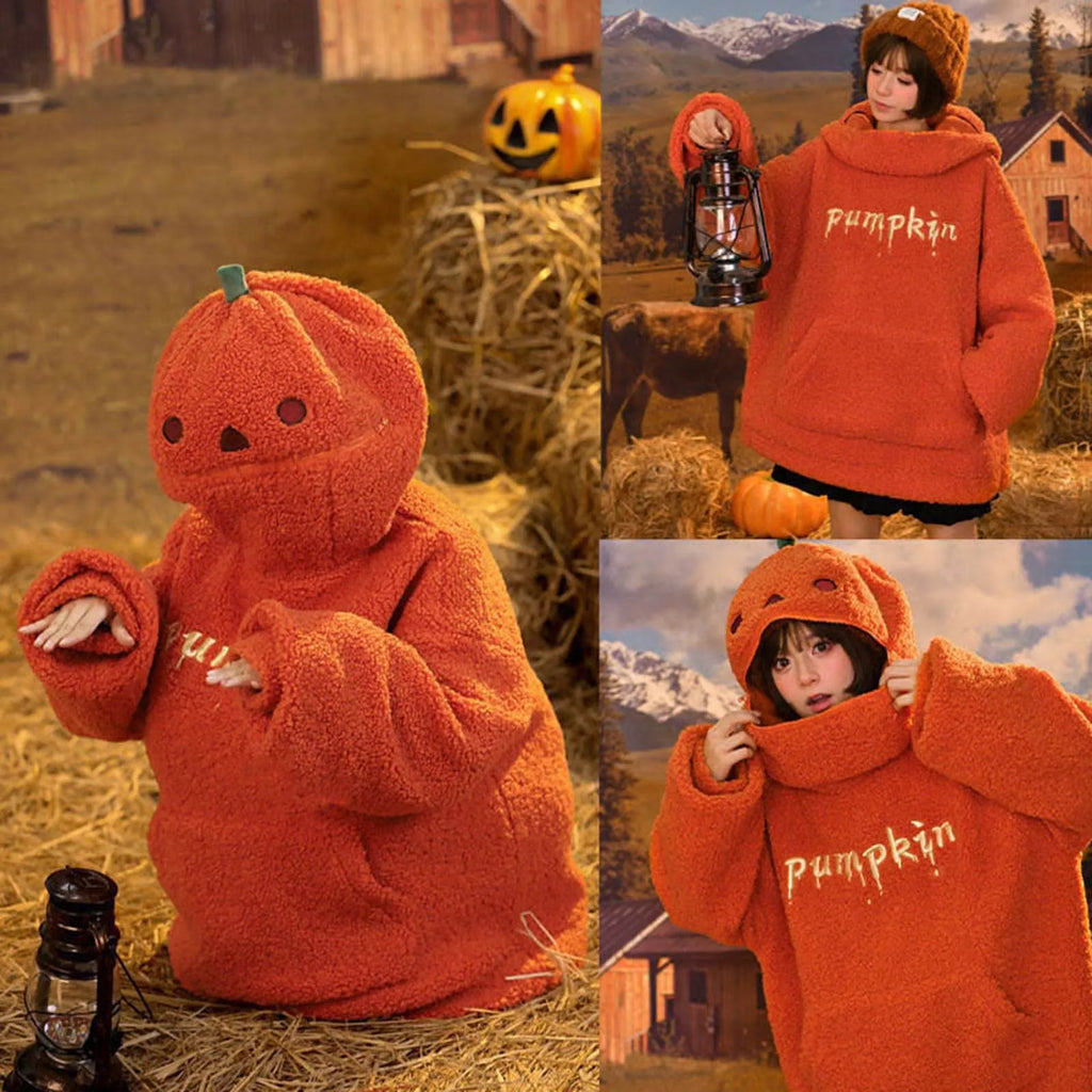 Women's Halloween Pumpkin Shaped Hoodie Autumn Round Neck Hooded Sweatshirt Double-Faced Fleece Cute Halloween Sweater Tops