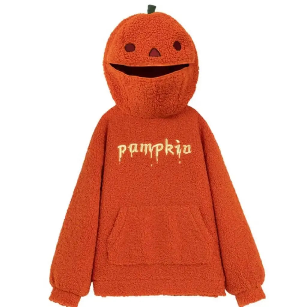 New Halloween Party Pumpkin Head Lamb Fleece Couple Style Y2k Oversized Hoodie Hooded Sweatshirt Embroidery Streetwear