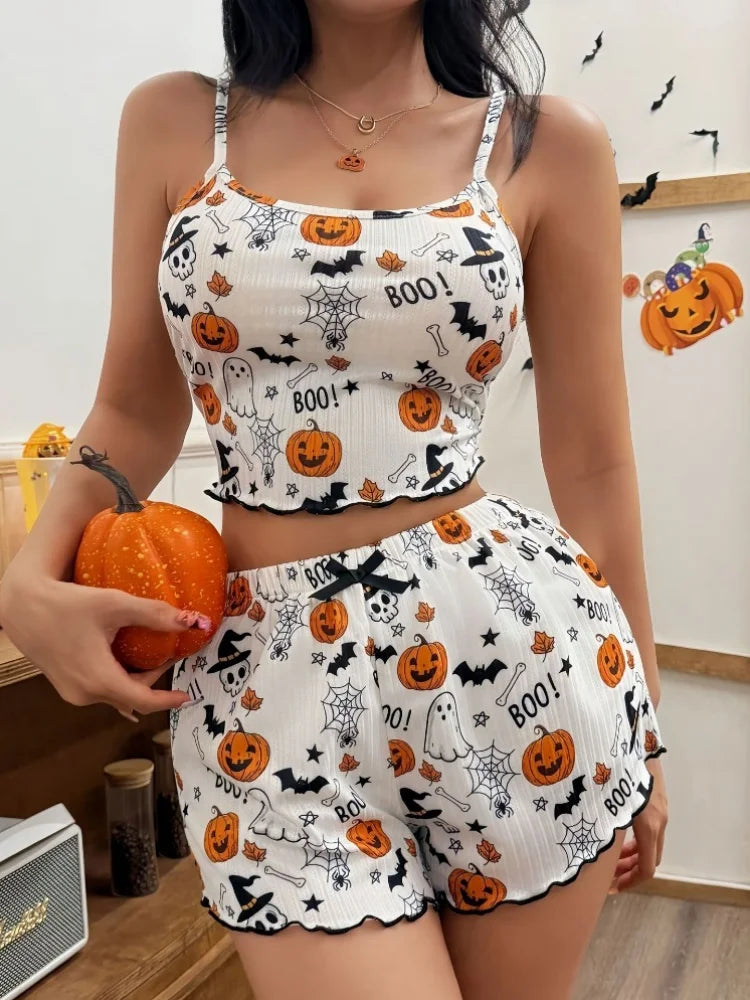 Halloween Pumpkin Print Pajama Set Women Cute Ribbed Crop Top and Shorts Two Piece Sleepwear Lettuce Hem Y2K Loungewear