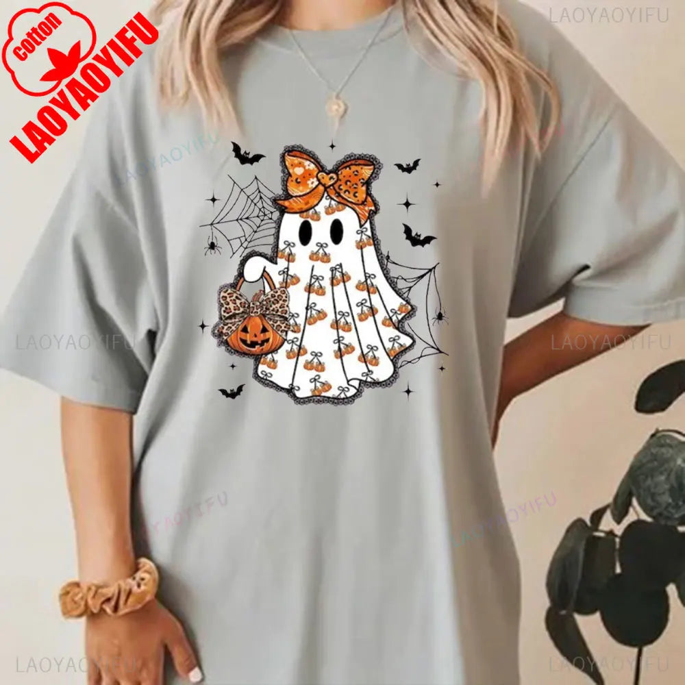 Cute Ghost Halloween Shirt Pumpkin Bow Spooky Season Tee Fall Aesthetic Pumpkin T-Shirt Women Aesthetic Clothes Short-sleeve