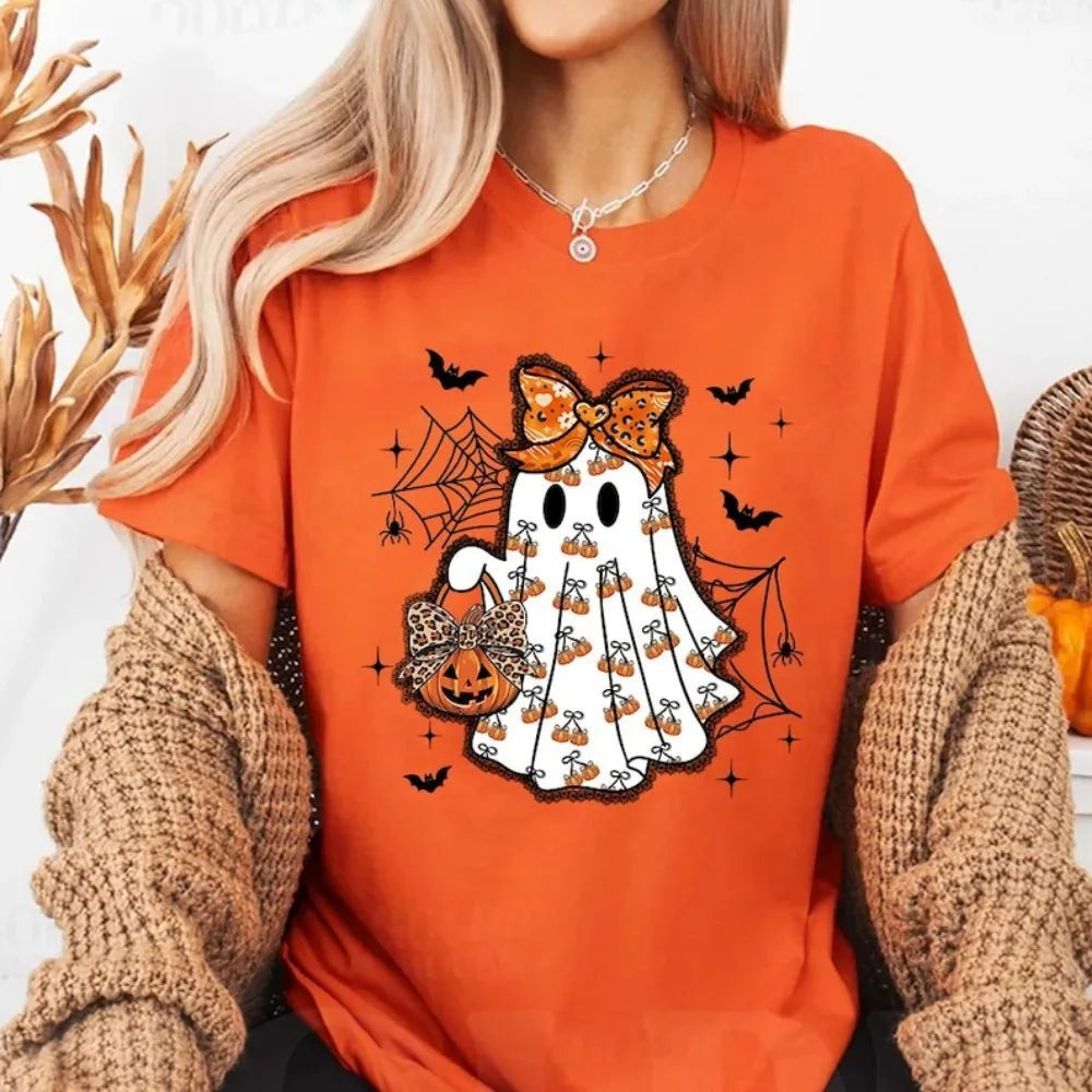 Cute Ghost Halloween Shirt Pumpkin Bow Spooky Season Tee Fall Aesthetic Pumpkin T-Shirt Women Aesthetic Clothes Short-sleeve