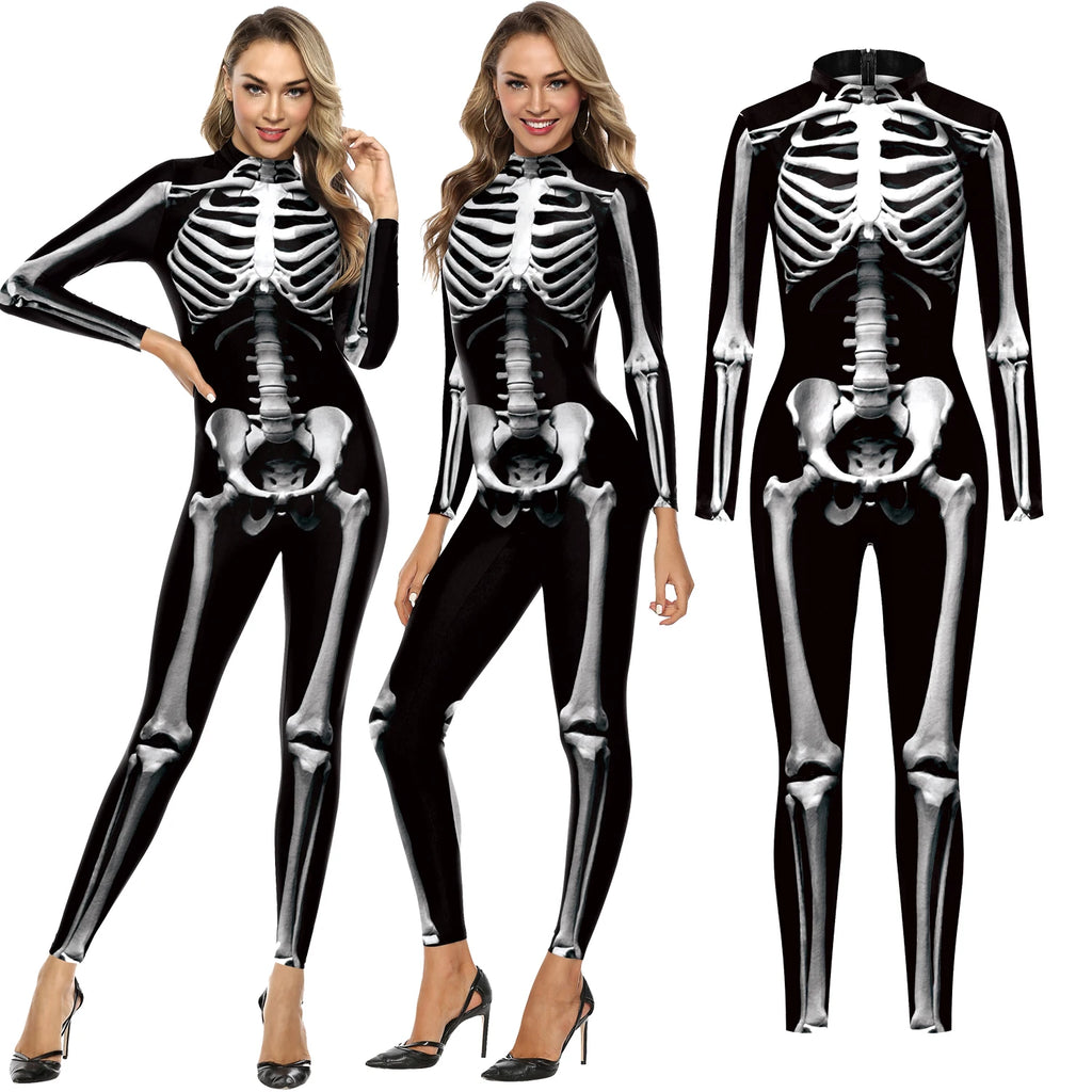 Halloween Cosplay Skeleton Printed Scary Costume Zentai Bodysuit Carnival Purim Family Matching Suits Day of The Dead