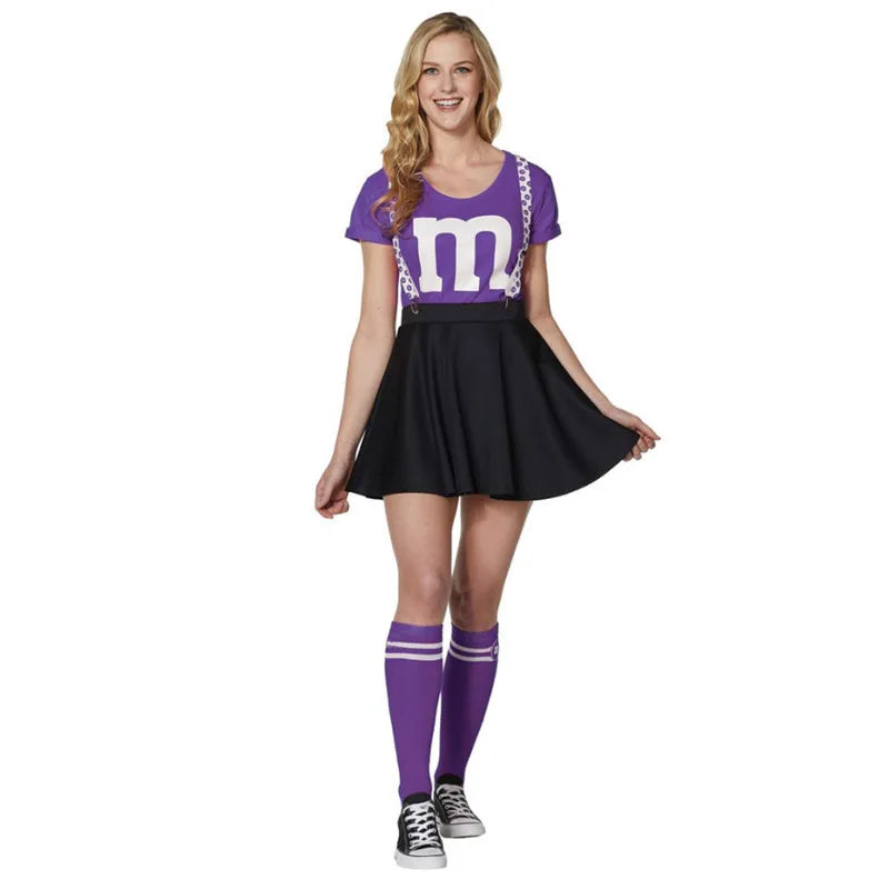 Women's M&M's Costume Adult M Halloween Team Costumes Womens T-shirt Black Skirt Stocking Set For Funny Party
