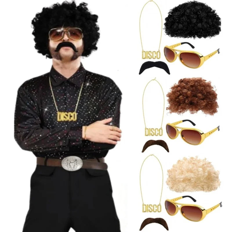 Costume Jewelry Set Synthetic Curly Hair Wigs Afro Wig Sunglasses Necklace For Adult Hip Hop Cosplay Party Accessories Hair Prop
