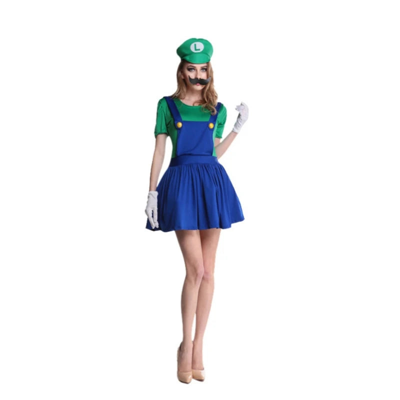 Halloween Couples Cosplay Costume for Adults Super Luigi Bros Overall Set with Hat Game Character Jump Suit for Christmas Party Stage Pe