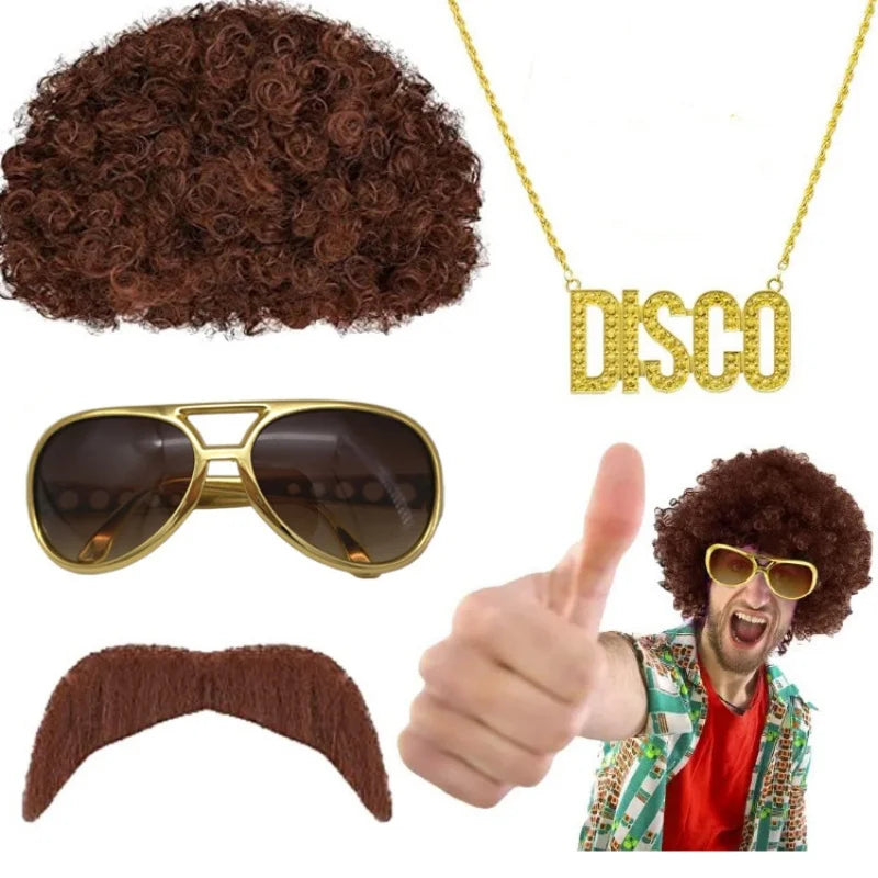 Costume Jewelry Set Synthetic Curly Hair Wigs Afro Wig Sunglasses Necklace For Adult Hip Hop Cosplay Party Accessories Hair Prop