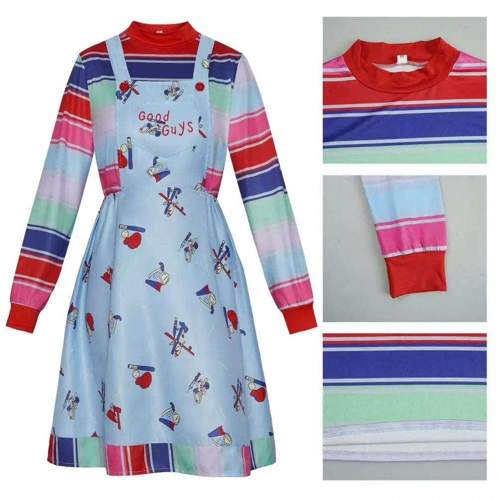 Horror Movie Doll Costume Adults Colorful Striped Top Overalls Dress Costume Retro Scary Toy Themed Outfit for Halloween Party