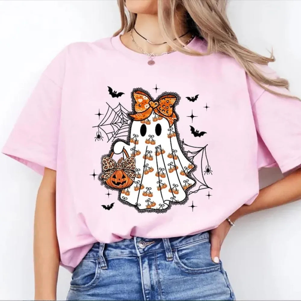 Cute Ghost Halloween Shirt Pumpkin Bow Spooky Season Tee Fall Aesthetic Pumpkin T-Shirt Women Aesthetic Clothes Short-sleeve