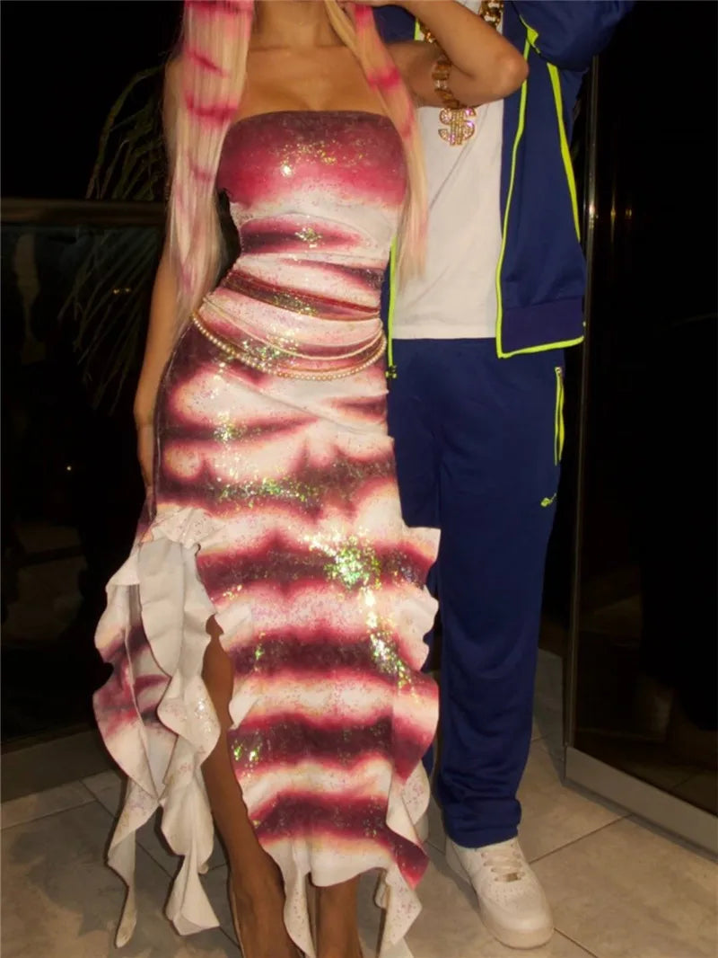Halloween Shark Tale Costume for Adults Oscar and Lola Couple Costume Halloween Women Sparkle Ruffle Hem Strapless Fish Cosplay