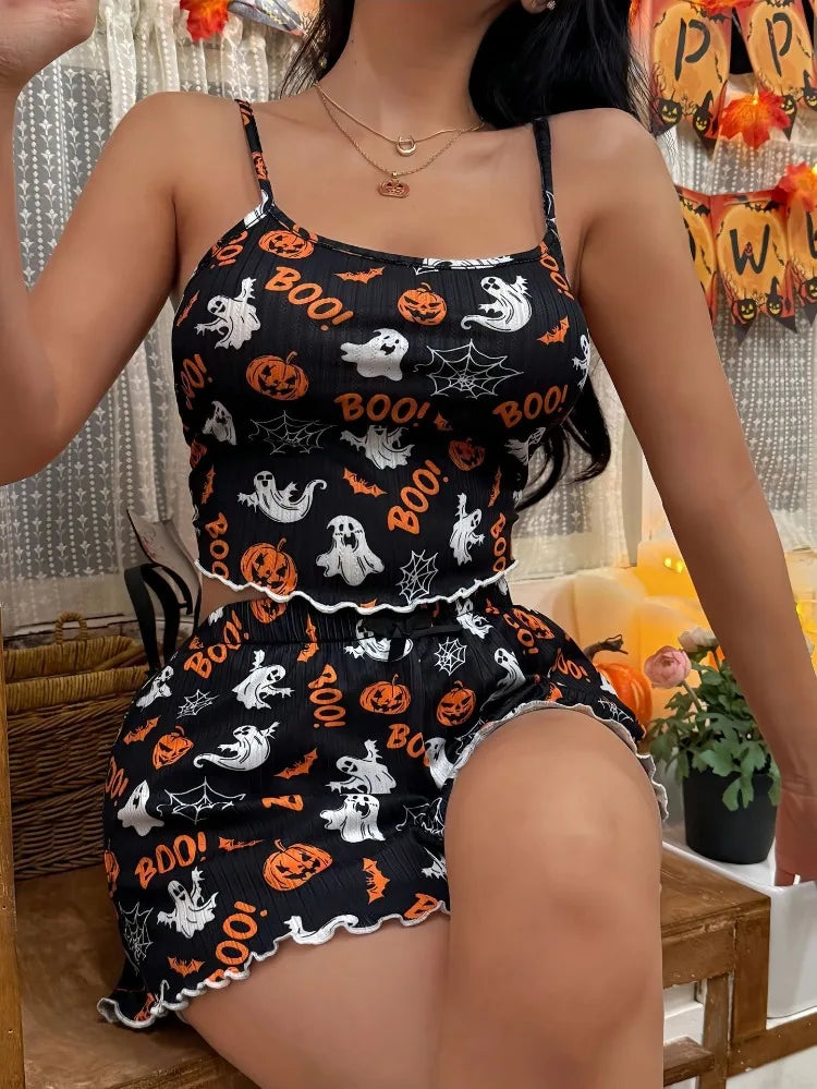 Halloween Pumpkin Print Pajama Set Women Cute Ribbed Crop Top and Shorts Two Piece Sleepwear Lettuce Hem Y2K Loungewear