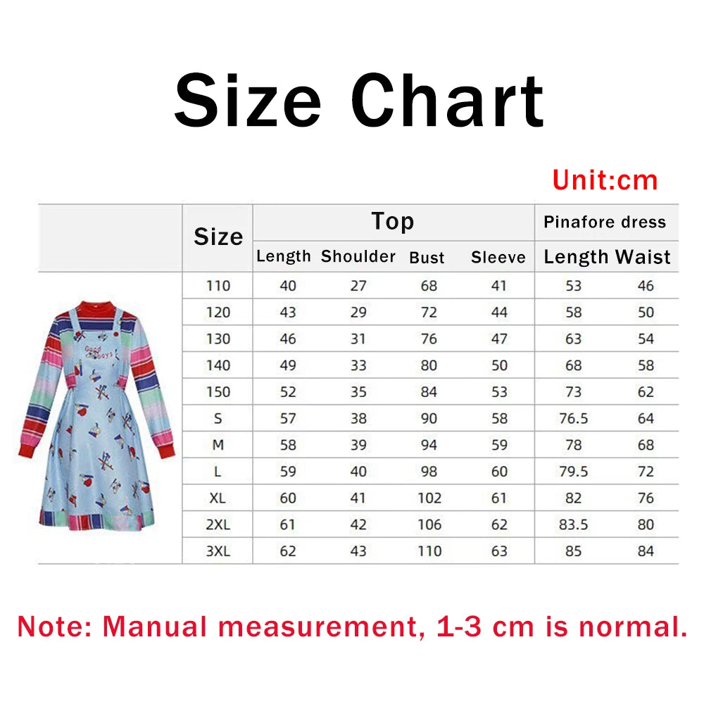 Horror Movie Doll Costume Adults Colorful Striped Top Overalls Dress Costume Retro Scary Toy Themed Outfit for Halloween Party