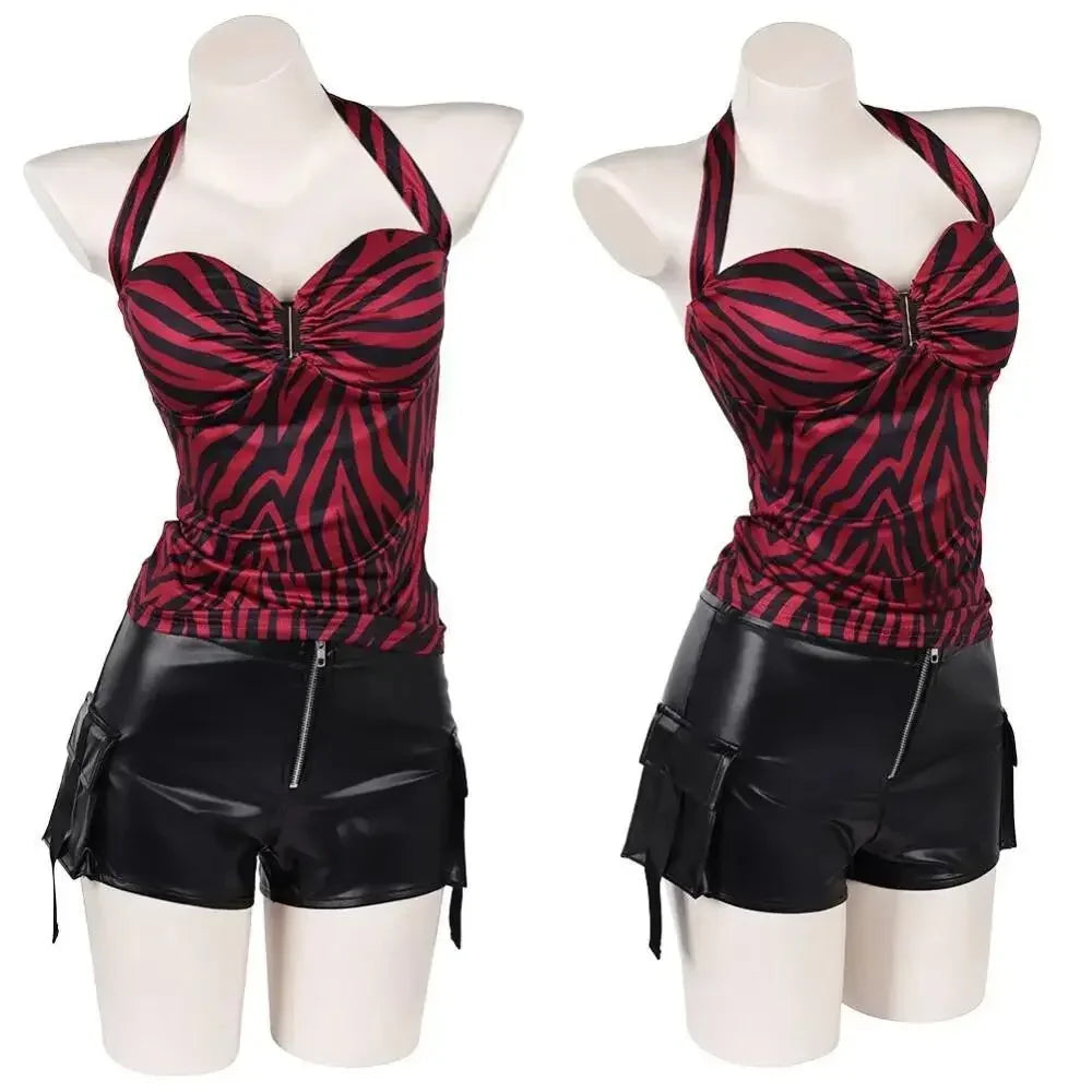 Obsession Nikki Bear Cosplay Costume Green Stripe Shirt Red Zebra Print Halter Top Shorts Halloween Couple Outfit For Carnival