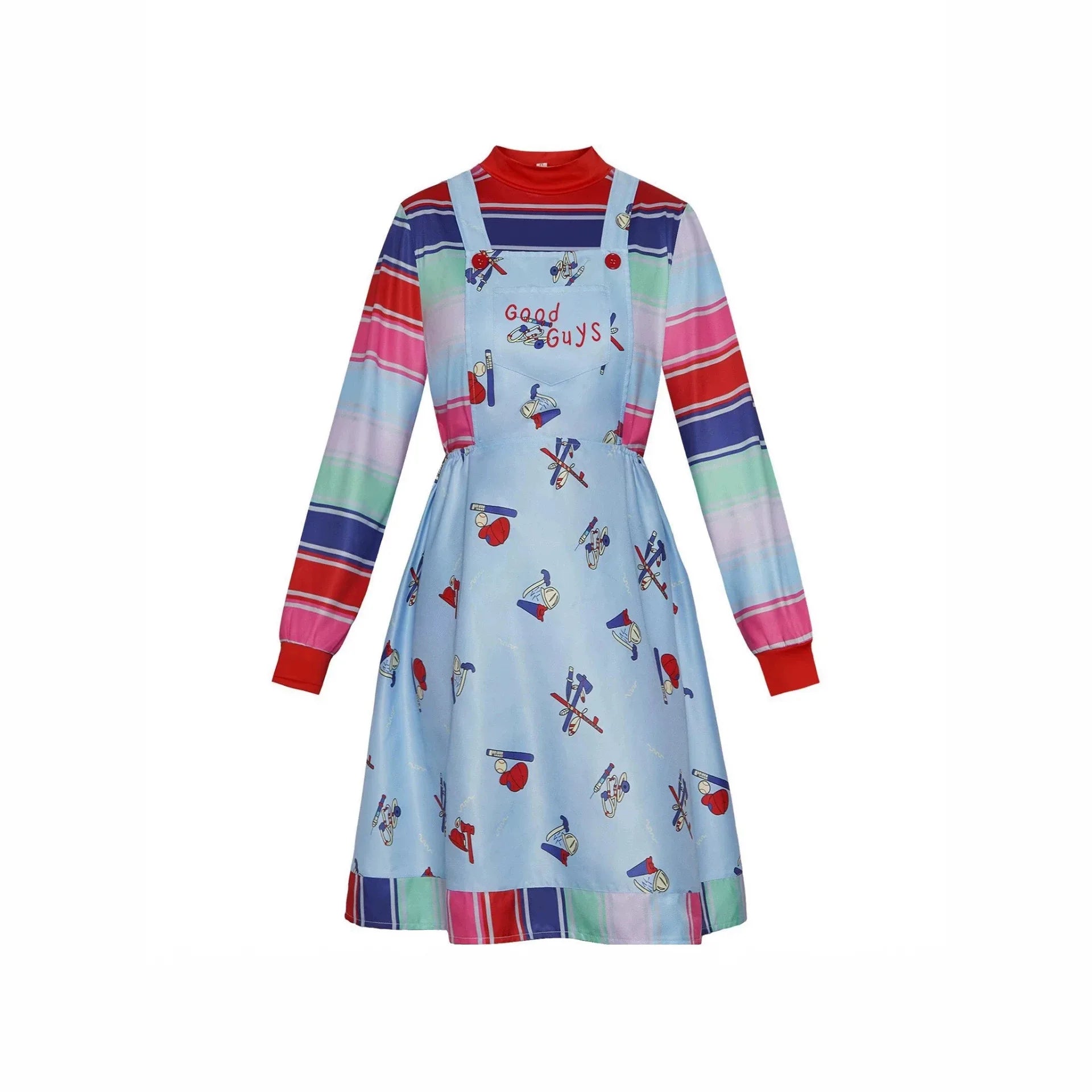 Horror Movie Doll Costume Adults Colorful Striped Top Overalls Dress Costume Retro Scary Toy Themed Outfit for Halloween Party