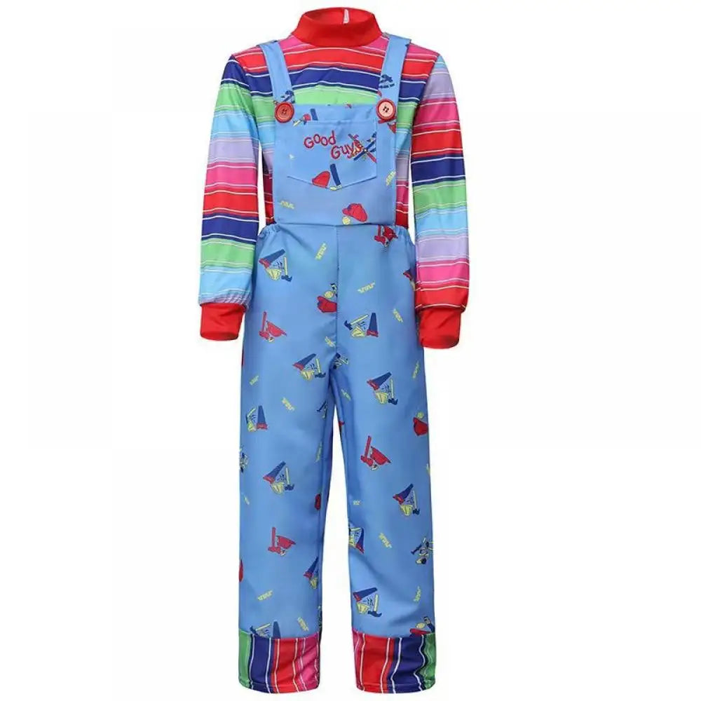 Horror Movie Doll Costume Adults Colorful Striped Top Overalls Dress Costume Retro Scary Toy Themed Outfit for Halloween Party