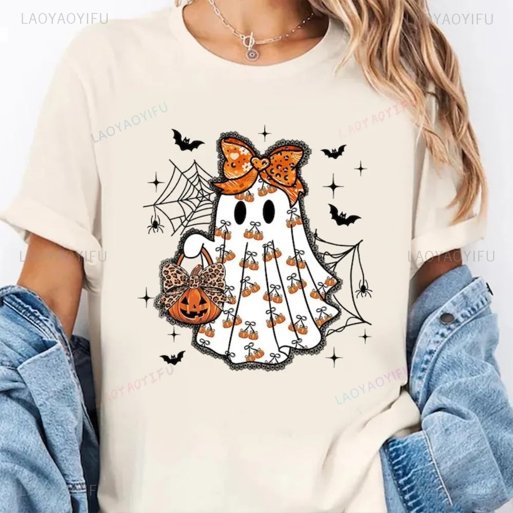 Cute Ghost Halloween Shirt Pumpkin Bow Spooky Season Tee Fall Aesthetic Pumpkin T-Shirt Women Aesthetic Clothes Short-sleeve