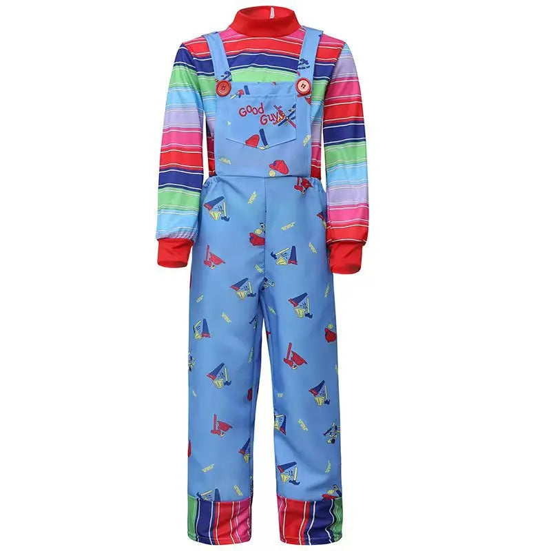 Horror Movie Doll Costume Adults Colorful Striped Top Overalls Dress Costume Retro Scary Toy Themed Outfit for Halloween Party