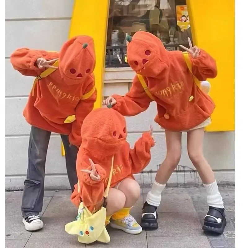 New Halloween Party Pumpkin Head Lamb Fleece Couple Style Y2k Oversized Hoodie Hooded Sweatshirt Embroidery Streetwear