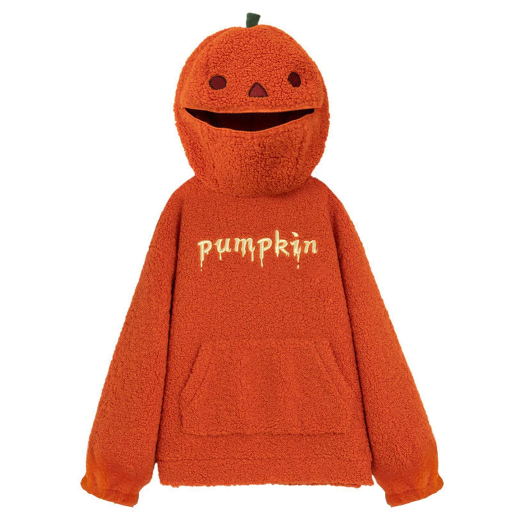 Women's Halloween Pumpkin Shaped Hoodie Autumn Round Neck Hooded Sweatshirt Double-Faced Fleece Cute Halloween Sweater Tops