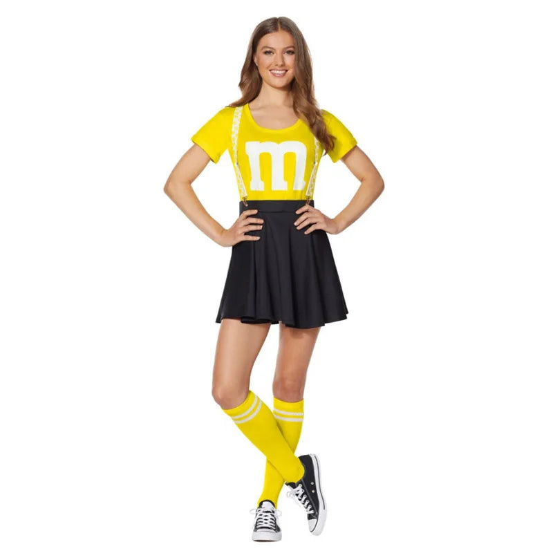 Women's M&M's Costume Adult M Halloween Team Costumes Womens T-shirt Black Skirt Stocking Set For Funny Party