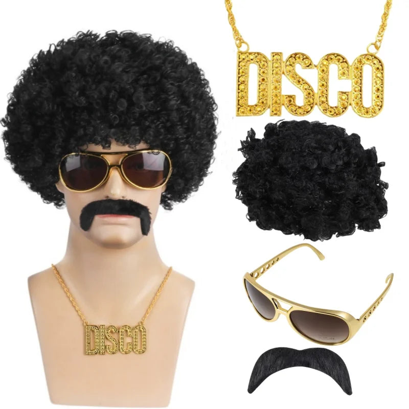 Costume Jewelry Set Synthetic Curly Hair Wigs Afro Wig Sunglasses Necklace For Adult Hip Hop Cosplay Party Accessories Hair Prop