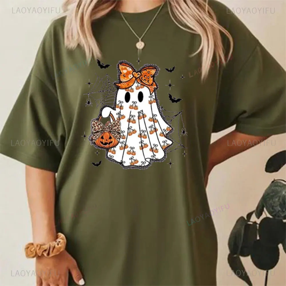 Cute Ghost Halloween Shirt Pumpkin Bow Spooky Season Tee Fall Aesthetic Pumpkin T-Shirt Women Aesthetic Clothes Short-sleeve