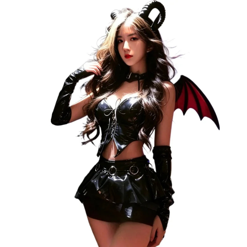 Women Sexy Lingerie Suit Halloween Stage Clothing Black Patent Leather Hollow Strap Little Devil Top Skirts Set Night Club Wear