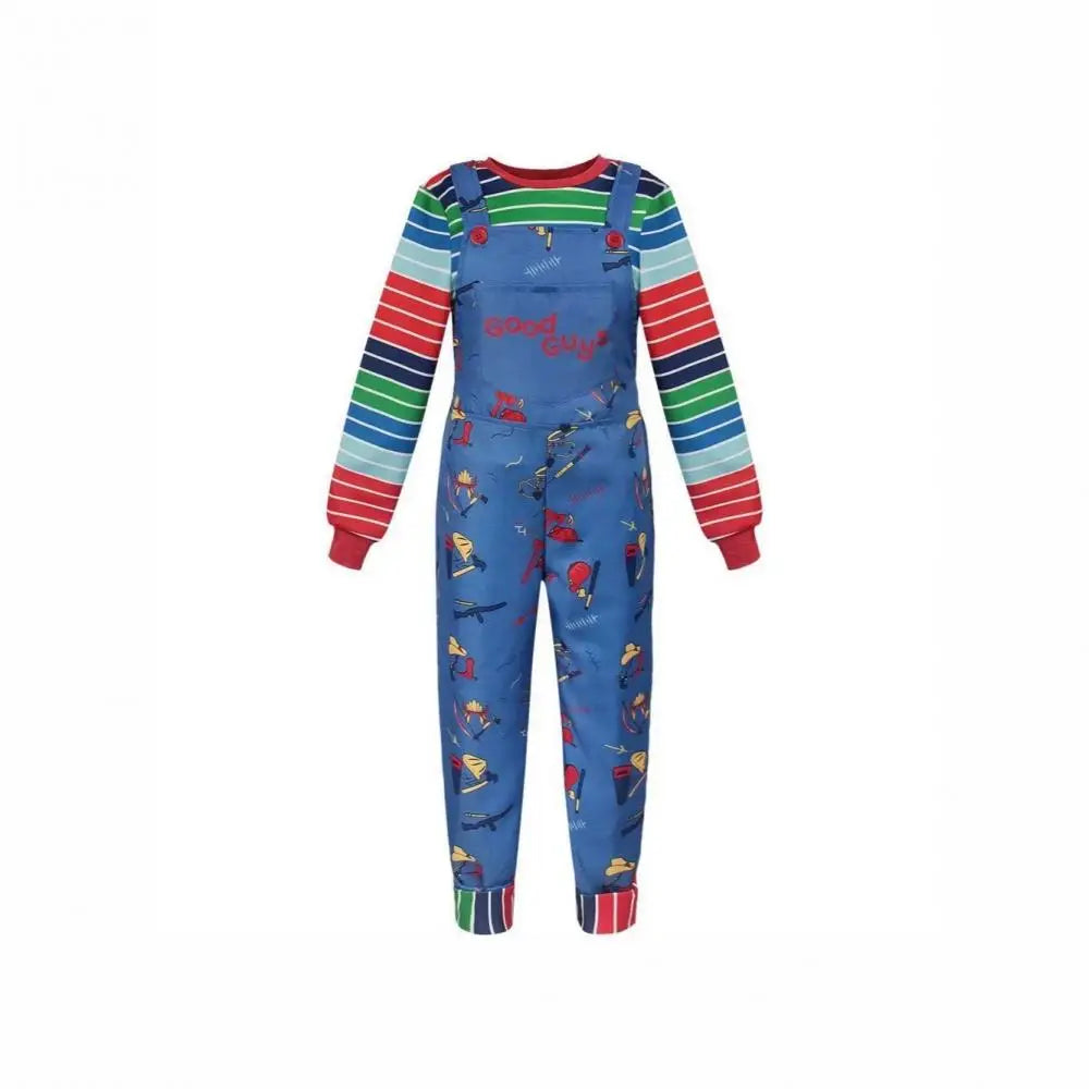Horror Movie Doll Costume Adults Colorful Striped Top Overalls Dress Costume Retro Scary Toy Themed Outfit for Halloween Party