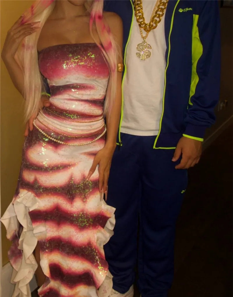 Halloween Shark Tale Costume for Adults Oscar and Lola Couple Costume Halloween Women Sparkle Ruffle Hem Strapless Fish Cosplay