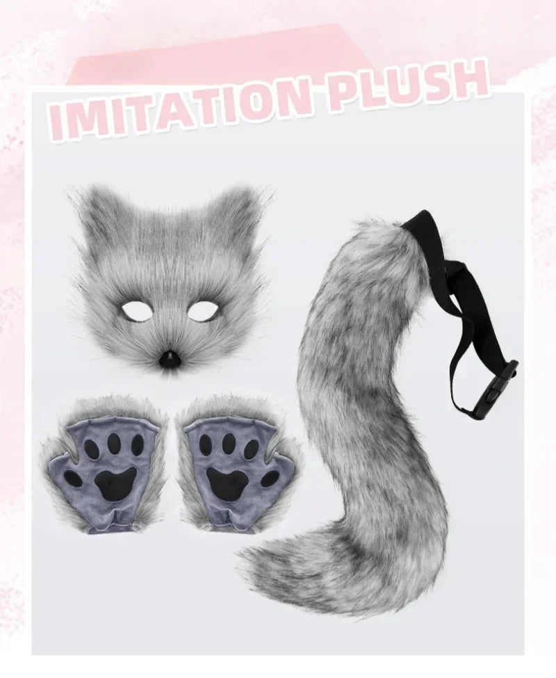 Foxes Mask+Tail +Gloves Set Halloween Cosplays Costume Accessorie Theme Party Dress Up Props Carnival Party Costumes Accessories