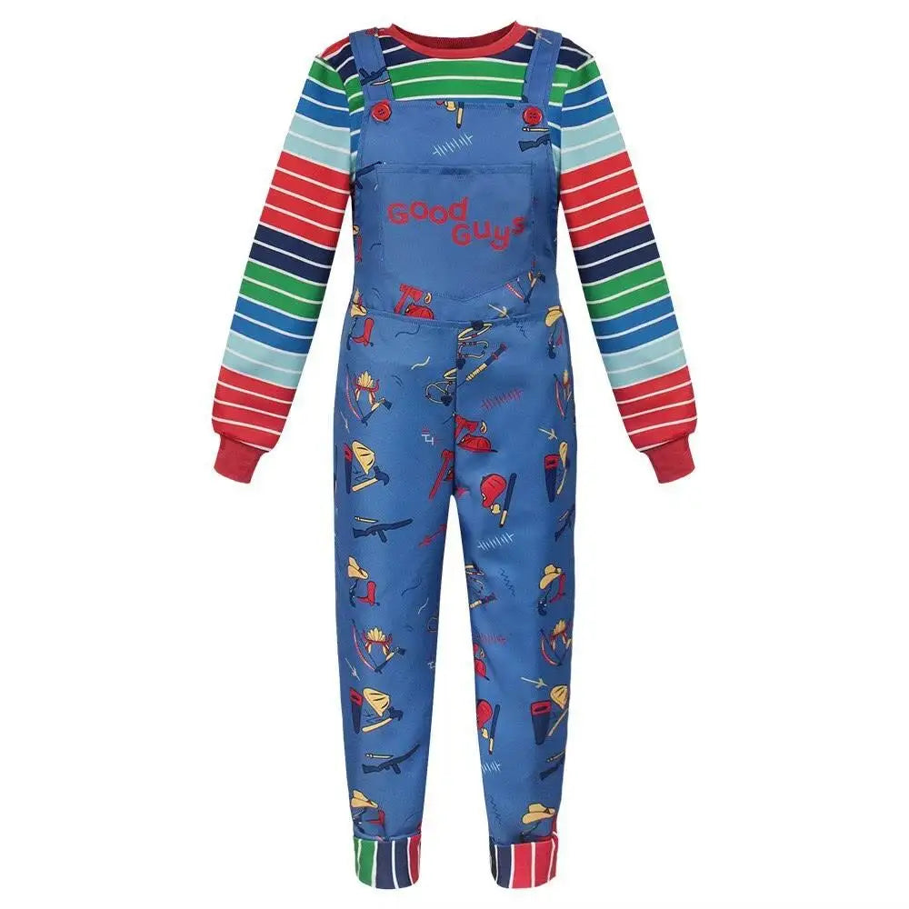 Horror Movie Doll Costume Adults Colorful Striped Top Overalls Dress Costume Retro Scary Toy Themed Outfit for Halloween Party