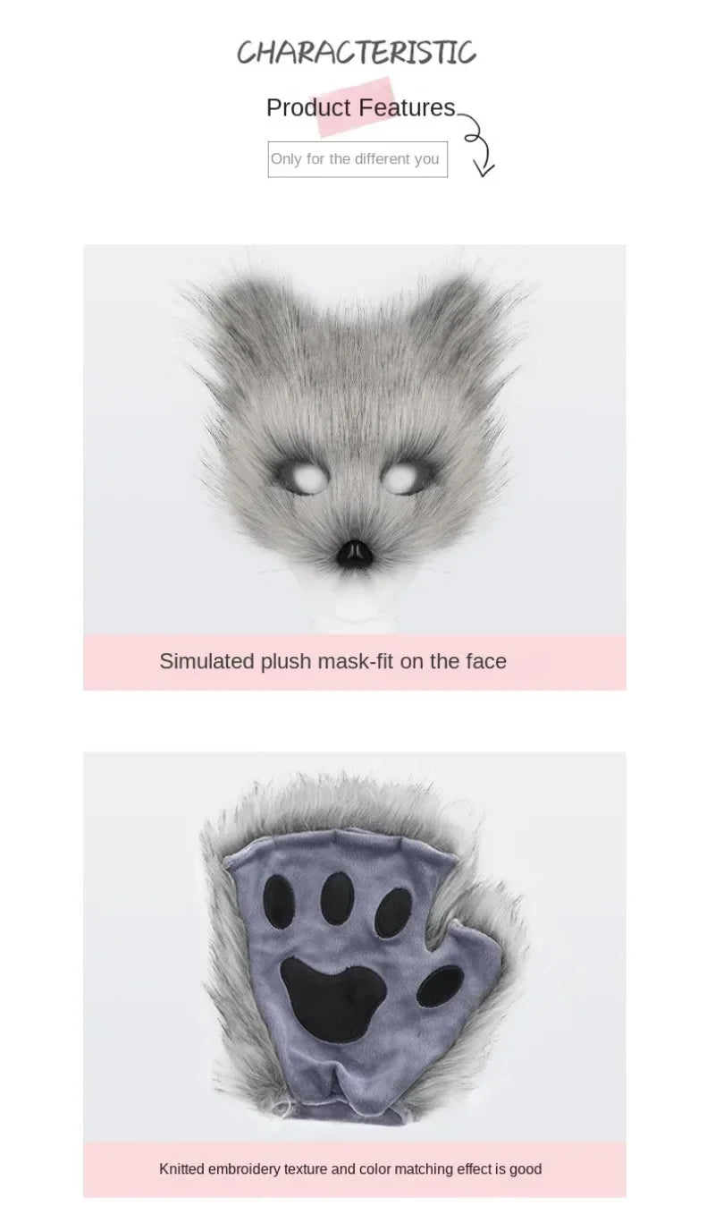 Foxes Mask+Tail +Gloves Set Halloween Cosplays Costume Accessorie Theme Party Dress Up Props Carnival Party Costumes Accessories