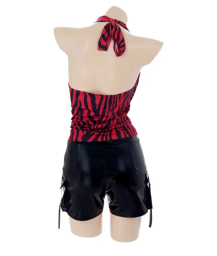 Obsession Nikki Bear Cosplay Costume Green Stripe Shirt Red Zebra Print Halter Top Shorts Halloween Couple Outfit For Carnival