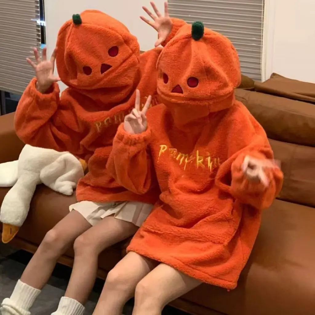 New Halloween Party Pumpkin Head Lamb Fleece Couple Style Y2k Oversized Hoodie Hooded Sweatshirt Embroidery Streetwear