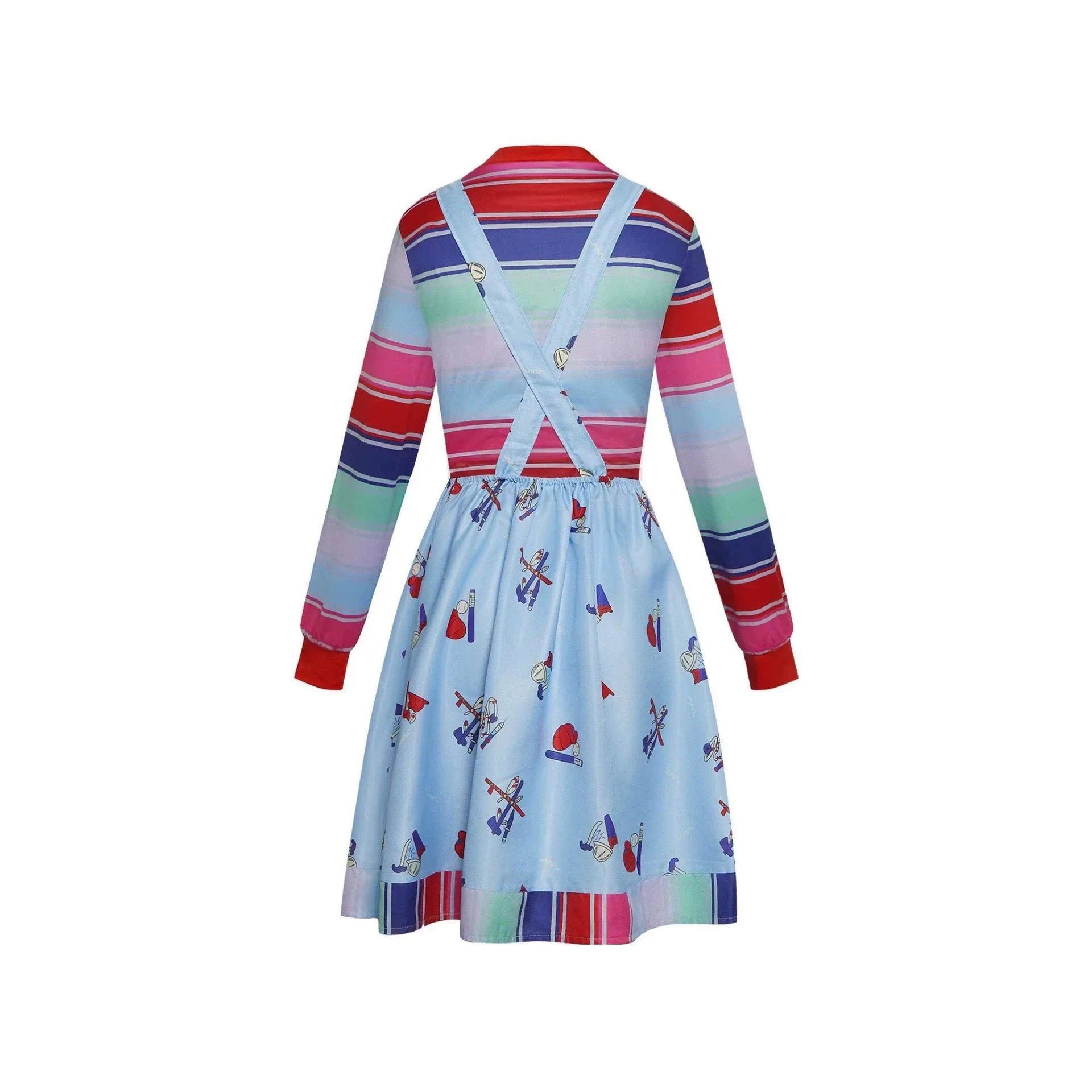 Horror Movie Doll Costume Adults Colorful Striped Top Overalls Dress Costume Retro Scary Toy Themed Outfit for Halloween Party