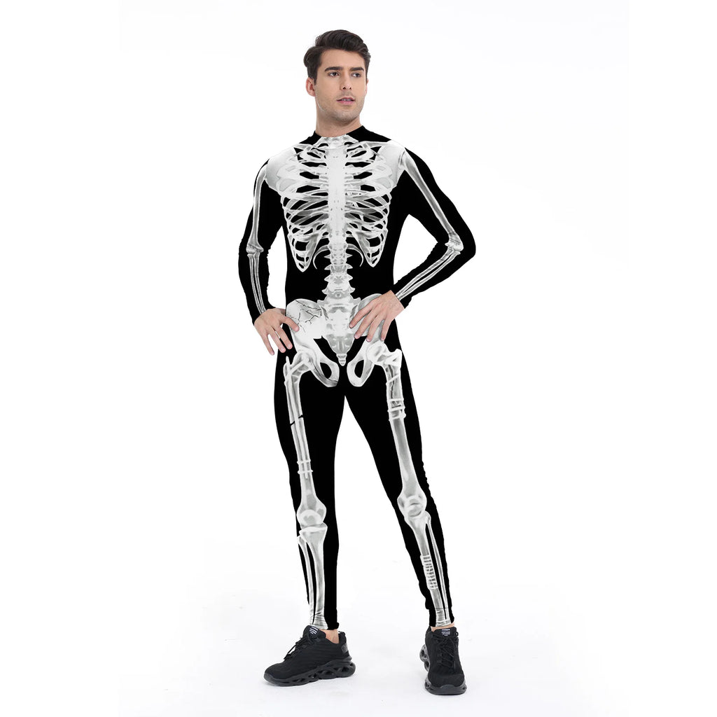 Halloween Cosplay Skeleton Printed Scary Costume Zentai Bodysuit Carnival Purim Family Matching Suits Day of The Dead