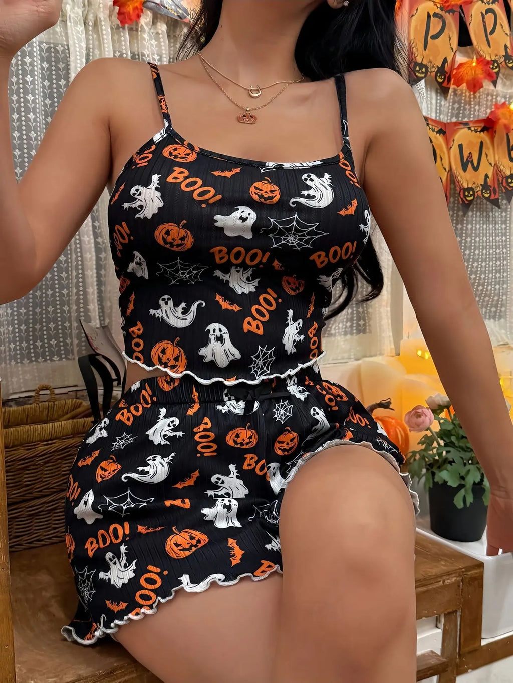 Halloween Pumpkin Print Pajama Set Women Cute Ribbed Crop Top and Shorts Two Piece Sleepwear Lettuce Hem Y2K Loungewear