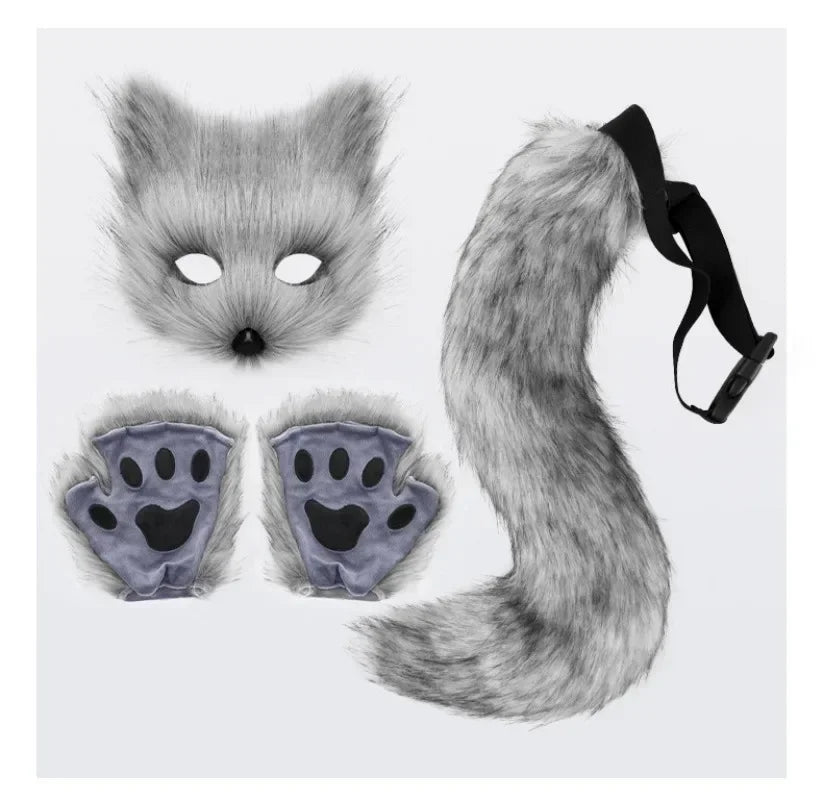 Foxes Mask+Tail +Gloves Set Halloween Cosplays Costume Accessorie Theme Party Dress Up Props Carnival Party Costumes Accessories