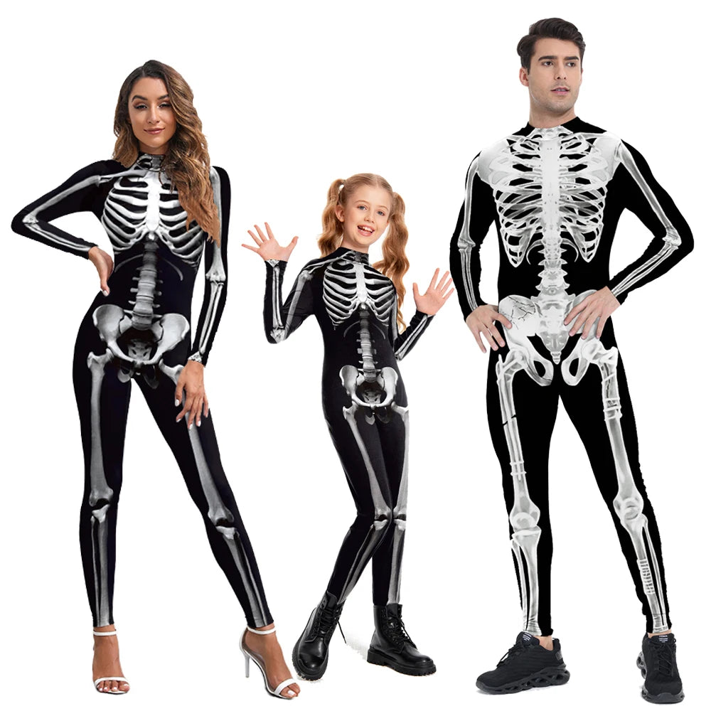 Halloween Cosplay Skeleton Printed Scary Costume Zentai Bodysuit Carnival Purim Family Matching Suits Day of The Dead