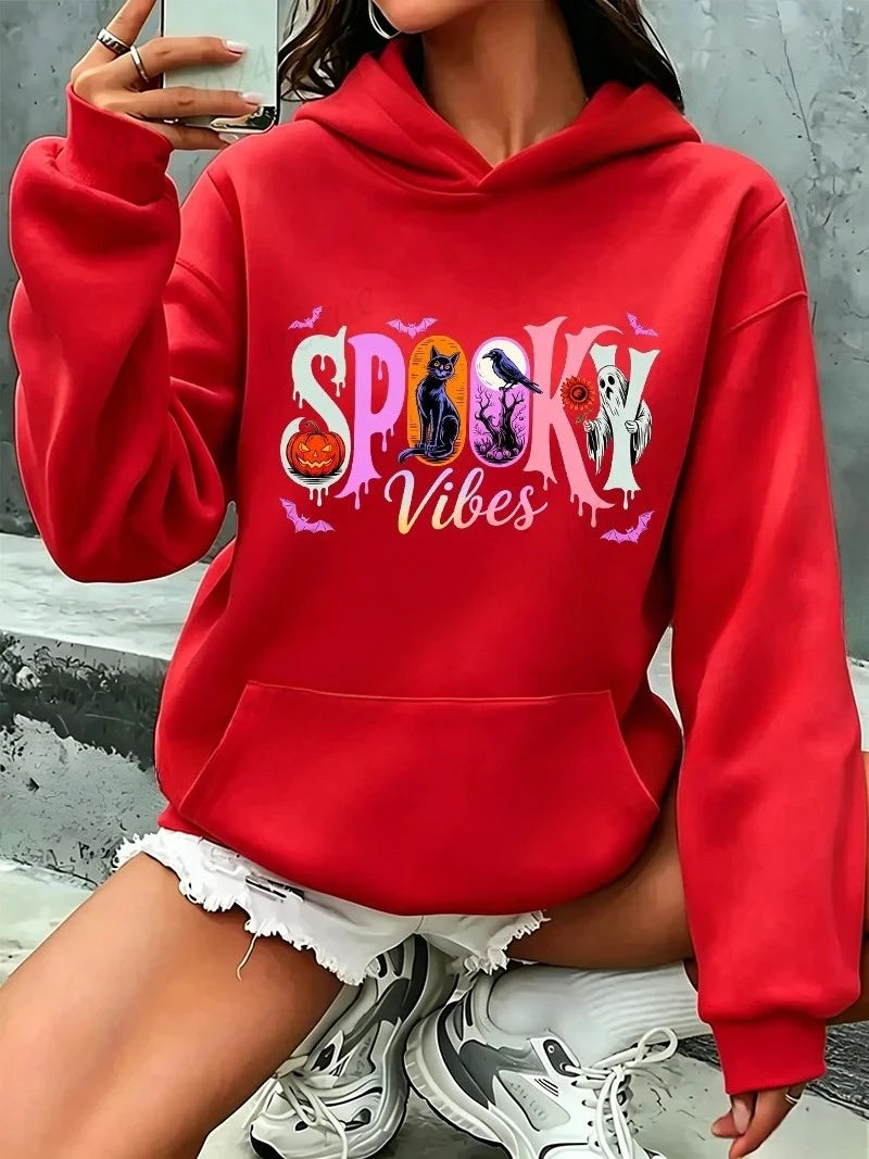 Spooky Vibes Halloween Design Men Women Hoodies Sweatshirt Pumpkin Black Cat Ghost Crow Bat Graphic Kawaii Hoodies Free Shipping