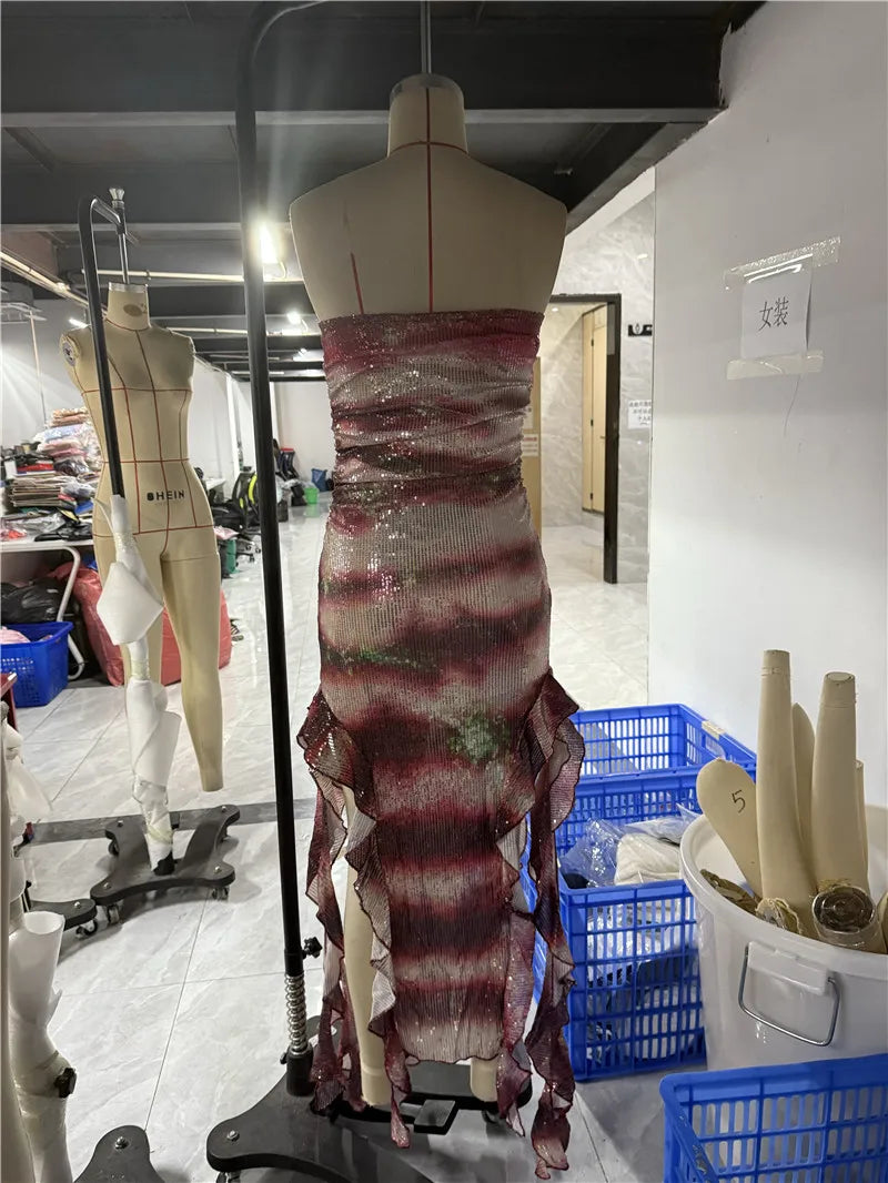 Halloween Shark Tale Costume for Adults Oscar and Lola Couple Costume Halloween Women Sparkle Ruffle Hem Strapless Fish Cosplay
